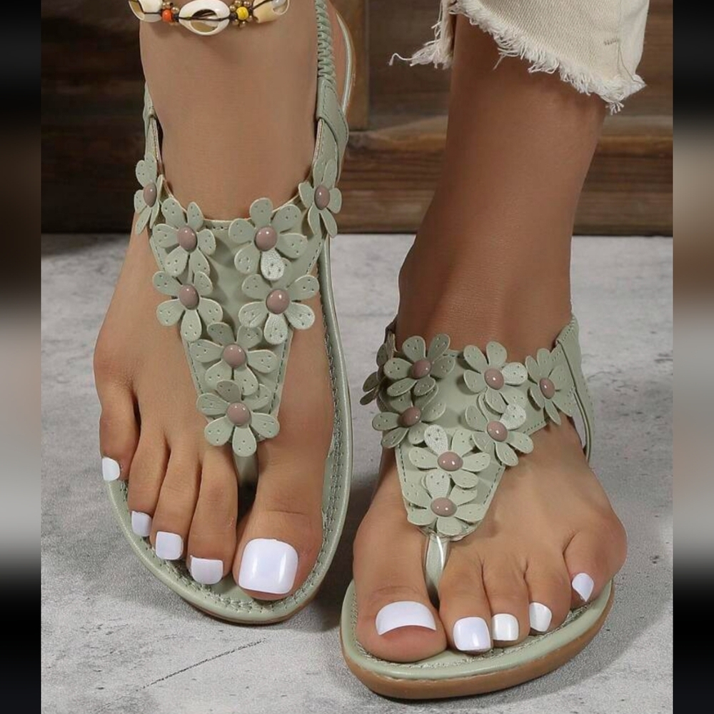 Women's Sandals Thong Flower Decor Faux Leather Ligh Green Size 7